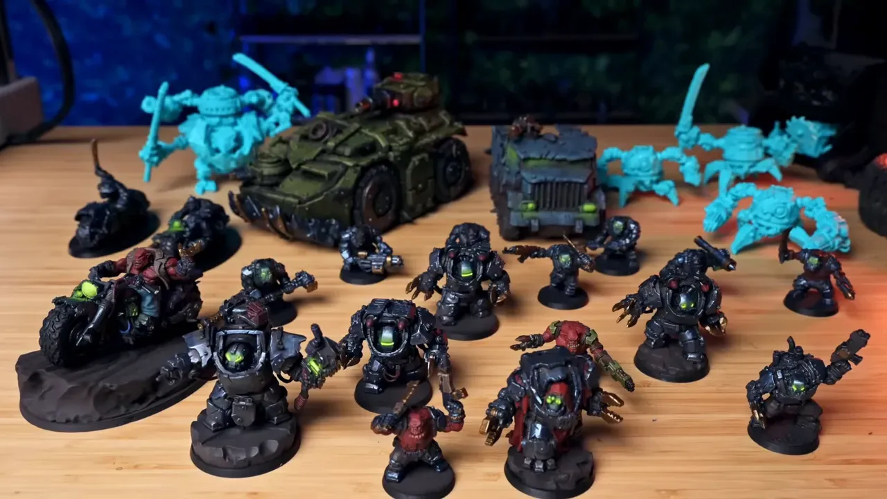 Armée complète de miniatures peintes avec véhicules verts et unités sombres sur une table en bois